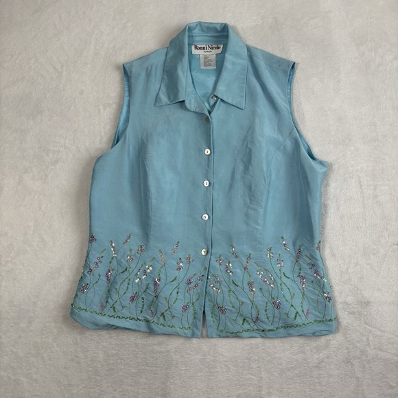 Ronni Nicole Tops - VTG Ronni Nicole By Ouida Silk Blue Sleeveless Button Up Blouse Women's Size 12